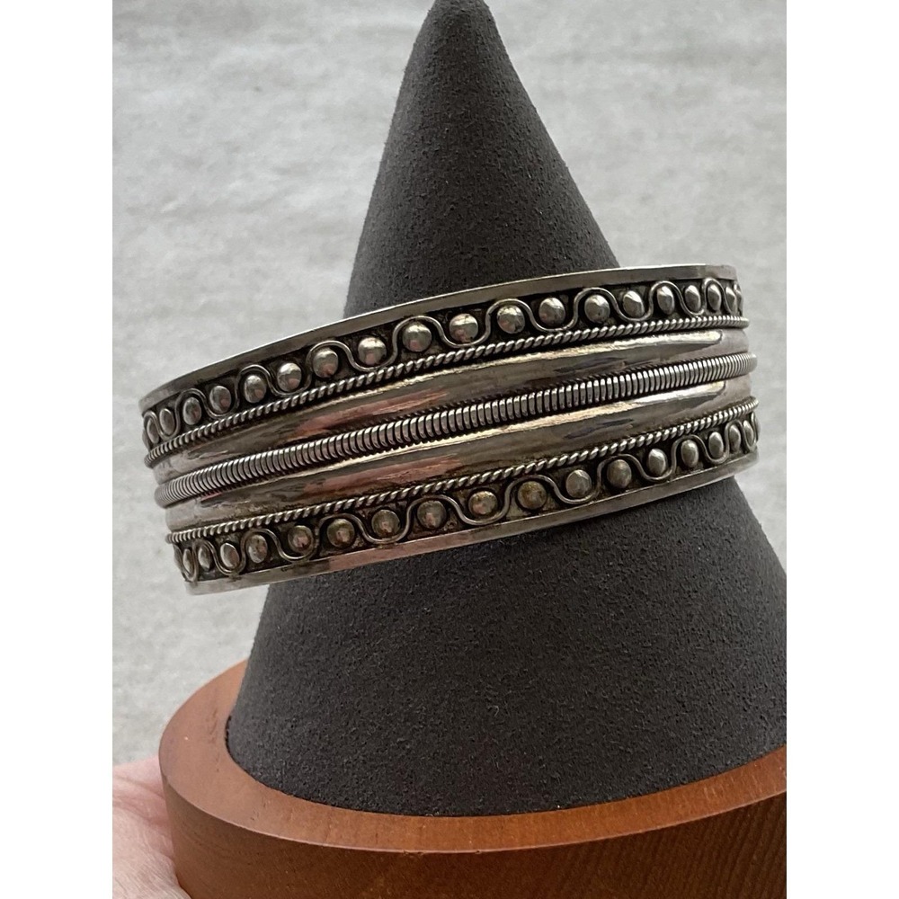 FAS 925 Sterling Silver Cuff Bracelet Dotted Edges Vintage Estate Jewelry